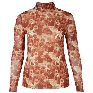 Printed Mesh Long Sleeve Rollneck | Marsala × 1